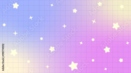 ユニコーンカラーのグラデーションと罫線のテクスチャーにかわいい星を散りばめた16:9背景
