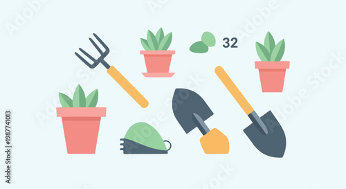 Flat vector illustration featuring garden tools like a spade and rake alongside succulent plants in pots on a pale background.