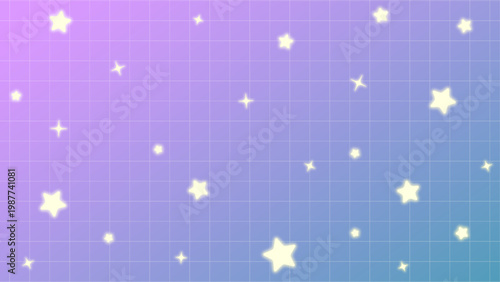 明るい紫とブルーのグラデーションと罫線のテクスチャーにかわいい星を散りばめた16:9背景