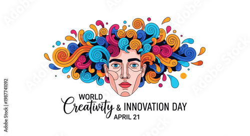 A vibrant vector illustration celebrating World Creativity and Innovation Day features an abstract face with colorful swirling patterns emanating from the head, set against a clean white