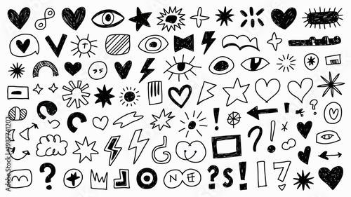 Bild auf Leinwand A collection of hand drawn doodles includes hearts stars eyes speech bubbles and