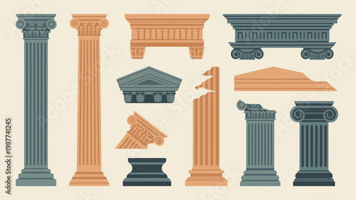 An illustrated collection of classical architectural elements including columns pediments and entablatures in shades of orange and teal high quality professional detailed modern elegant stylish clean