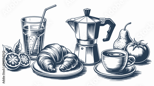 A vintage style illustration depicts a breakfast spread featuring coffee juice a croissant fruit and a classic italian stovetop espresso maker high quality professional detailed modern