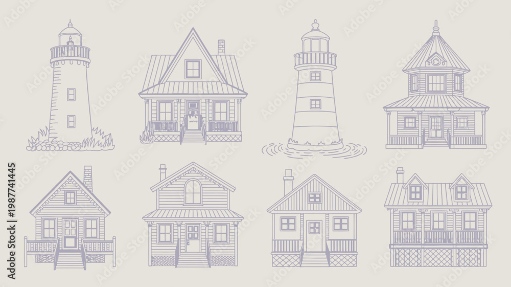 Fototapeta premium A collection of whimsical hand drawn style houses and lighthouses arranged in a grid like pattern rendered in a muted violet hue high quality professional detailed