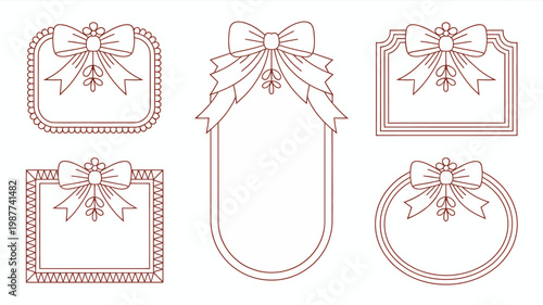 A collection of delicate hand drawn frames adorned with bows and floral details presented in a minimalist reddish brown line art style high quality professional detailed
