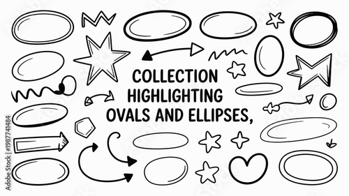 A hand drawn collection of black and white shapes including ovals ellipses stars arrows and other doodle elements high quality professional detailed modern elegant stylish clean