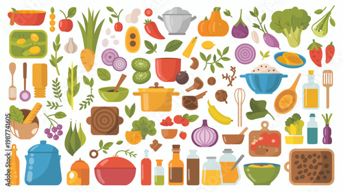 A colorful illustration showcases an abundance of fresh produce cooking utensils and prepared dishes creating a vibrant culinary scene high quality professional detailed modern elegant stylish