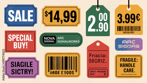 An assortment of colorful sale tags and labels displaying prices barcodes and warning messages against a light beige background high quality professional detailed modern elegant stylish