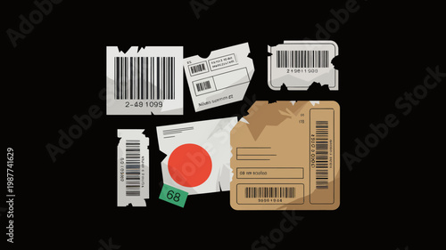 A collection of torn barcode labels and packaging fragments are scattered against a stark black background showcasing consumerism high quality professional detailed modern elegant stylish clean