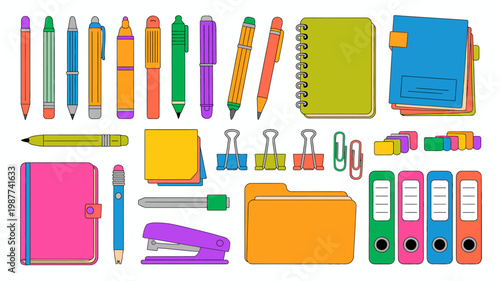 A colorful assortment of school and office supplies are displayed including pens pencils notebooks and various organizational tools high quality professional detailed modern elegant stylish clean