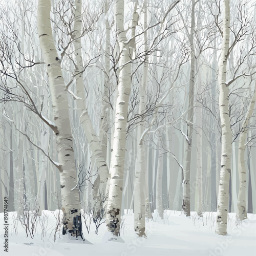 A serene illustration of an aspen tree forest in winter, showcasing elegant white bark trees amidst a gentle snowfall. This tranquil scene evokes a peaceful, frosty wonderland