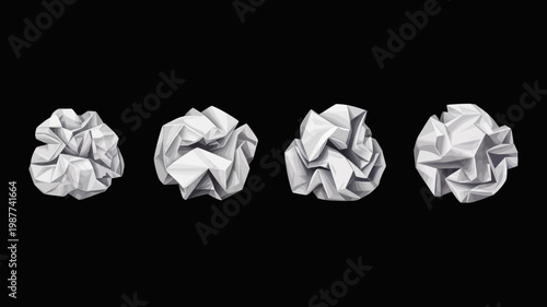A series of four crumpled paper balls are arranged against a stark black background showcasing varying degrees of folding high quality professional detailed modern elegant stylish