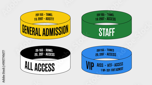 An illustration displays four colorful wristbands denoting different levels of access general admission staff all access and vip high quality professional detailed modern elegant stylish clean