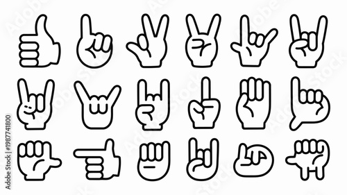 A collection of hand gestures is displayed featuring various signs like thumbs up peace rock on and pointing hands in outline style high quality professional detailed