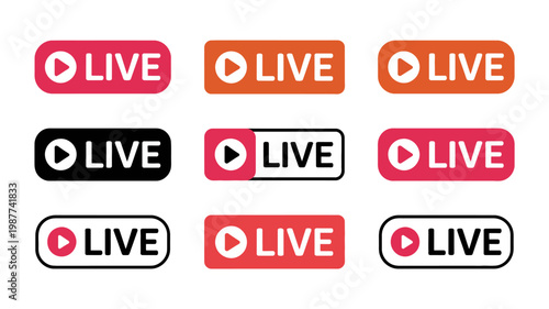 A collection of nine rectangular live streaming buttons in varying colors and styles featuring a play icon high quality professional detailed modern elegant stylish clean crisp
