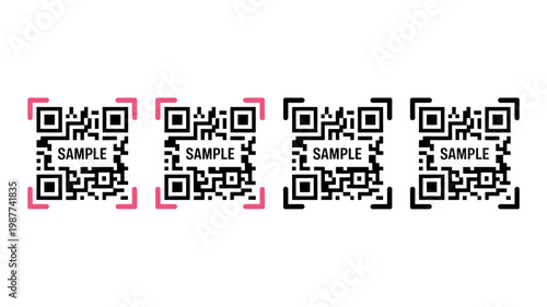 A collection of four distinct quick response codes are displayed exhibiting variations in color and border styles for visual differentiation high quality professional detailed modern elegant