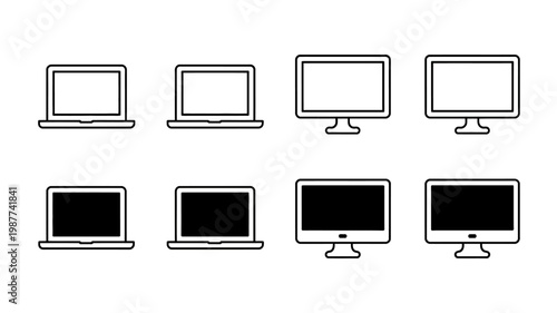 A collection of eight black and white line art icons depicting various computer screens and laptop devices in different orientations high quality professional detailed modern elegant