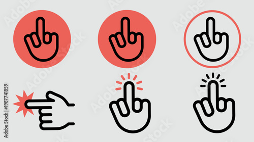 A collection of hand gestures featuring a middle finger depicted in red and black line art with added visual effects high quality professional detailed modern elegant