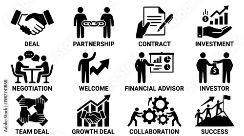 Business partnership and deal making vector graphic illustrations set