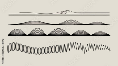 A minimalist illustration displays a series of wave patterns ranging from smooth long lines to intricate tightly packed curves high quality professional detailed modern elegant stylish