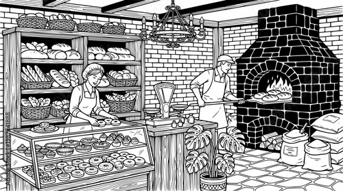 Baker and assistant working in a bakery interior