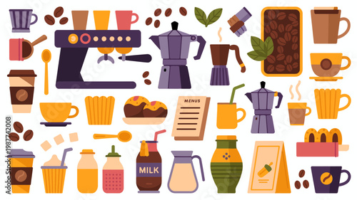 An illustrated collection showcases various coffee related items including machines beans cups and pastries arranged in a colorful flat style high quality professional detailed modern elegant