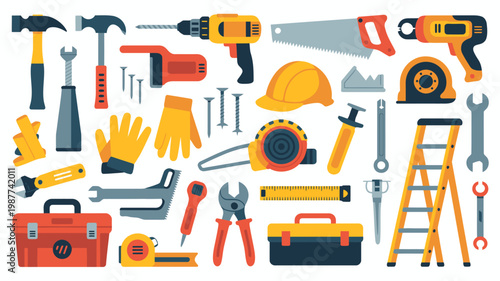A colorful collection of various hand and power tools including hammers saws drills and safety equipment are displayed high quality professional detailed modern elegant stylish clean