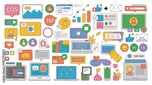 A colorful collection of digital icons representing social media communication and technology trends in a flat vector style high quality professional detailed modern elegant stylish clean