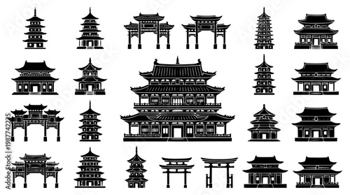 Black and white vector illustration of various asian pagodas
