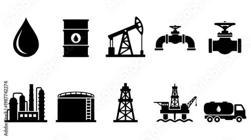 Black and white vector graphics of oil industry equipment