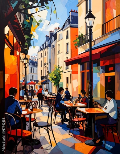 A stylized street scene in a European city. People sit at cafes under awnings, with multi-story buildings in the background. Sunlight and shade