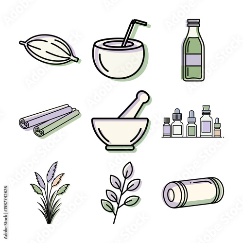 natural skincare ingredients illustrated set with bottles herbs and mortar and pestle in pastel line art or calm spa style illustration of natural cosmetics ingredients and tools in soft pastel colors
