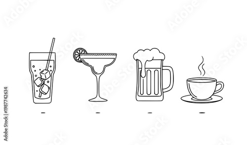 Billede på lærred Minimal beverage outline icons with soft drop shadow soda margarita beer tea vec