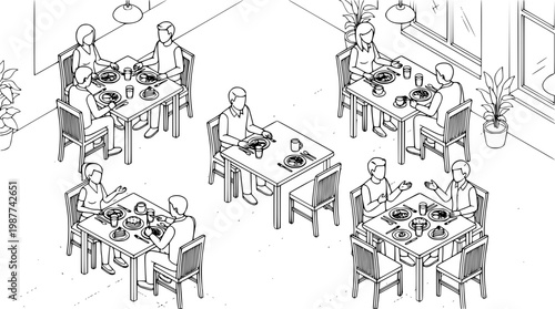 People eating at tables in a restaurant setting illustration