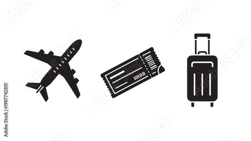 Travel Icons Set with Airplane, Ticket and Luggage – Tourism and Vacation Vector Symbols for Agency Use