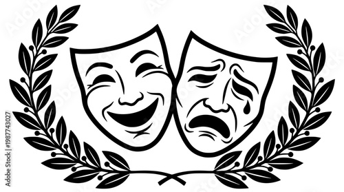 Vector graphic of comedy and tragedy masks with laurel wreath