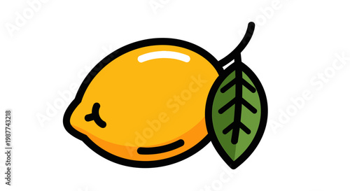 Cartoon lemon with green leaf.