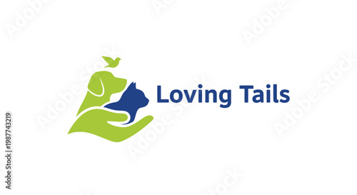 Loving Tails logo featuring a dog and cat in a hand, representing pet care and love.