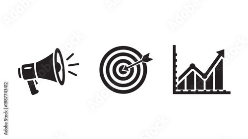 Business Strategy Marketing Icons Vector Set, Growth Analytics Target Success and Corporate Planning Concepts