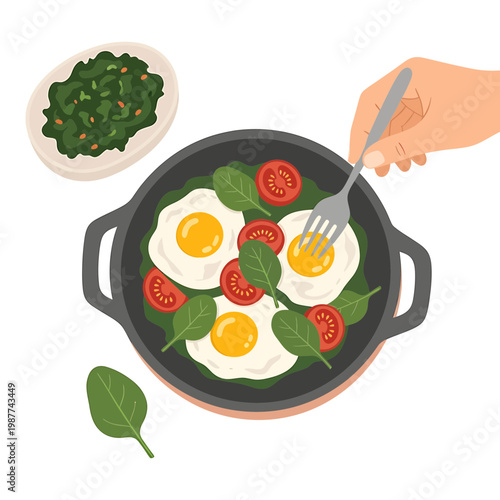 Top view of healthy fried eggs with spinach and tomatoes in a pan