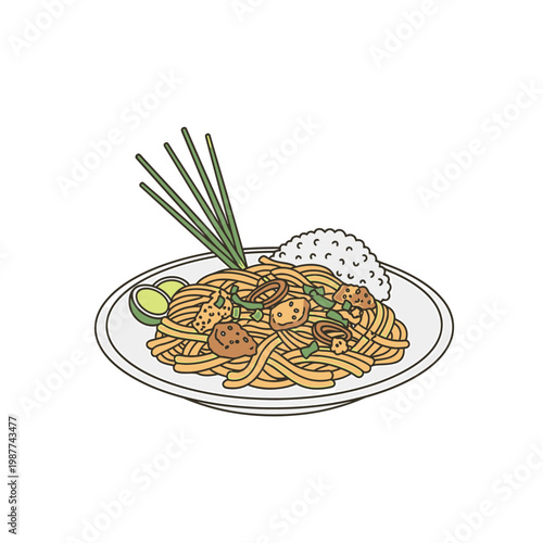 Pad Thai noodle dish with rice and lime vector illustration