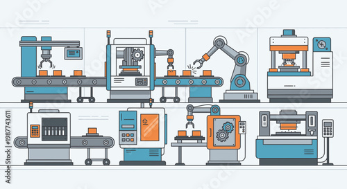 Industrial robotic manufacturing assembly line equipment.