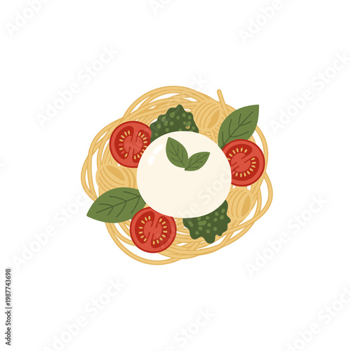 Italian Spaghetti with Burrata Cheese and Pesto Food Illustration