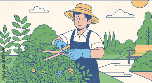 Man in hat trimming garden plants.