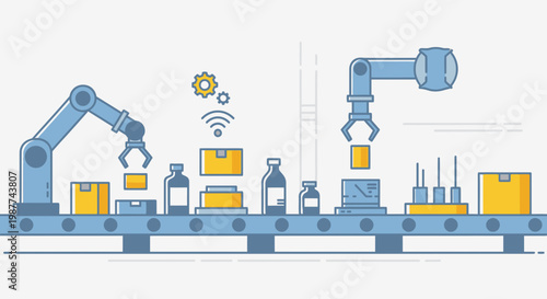 Robotic arms in industrial factory setting.