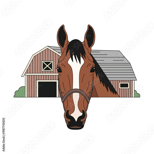 Horse Head Illustration with Barn Background in Flat Vector Style