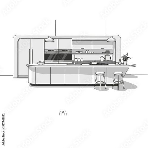 Modern Minimalist Kitchen Interior Line Drawing Illustration