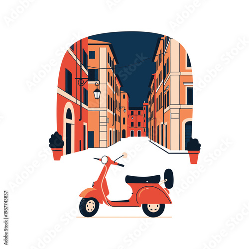 Red Vintage Scooter Parked on a Narrow Italian City Street