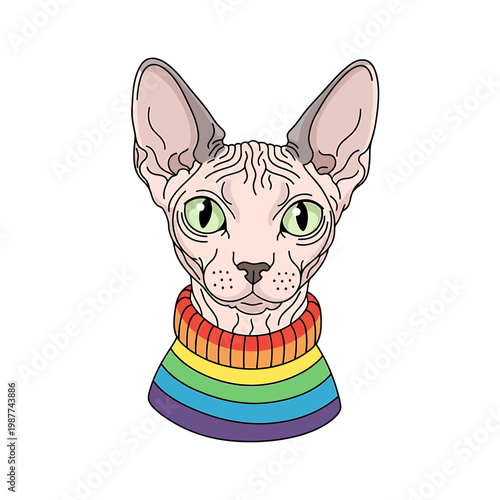 Hairless Sphynx Cat in Rainbow Sweater Illustration