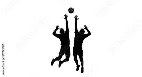 Two volleyball players jumping high.